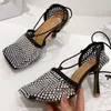 Sandals Star Style Crystal Mesh Dames Pumps Sexy enkelband Square teen Hoge hakken vrouwelijke lente zomer holle feestjurk schoenen