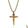 Pendanthalsband 24K Solid Yellow Gold GF 6mm italiensk Figaro Link Chain Halsband 24 "Kvinnor Mens Jesus Crucifix Cross Pendant 50 U2 DHFB2
