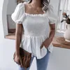 Frauen Blusen Frauen Geraffte Elastische Bluse Tops Herbst Frühling Kurze Laterne Hülse Feste Rüschen Gefaltete Shirts BJS-8301