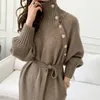 Casual Dresses QingWen French Women Turtleneck Buttons Knitted Warm Female Bottoming Dress For Year 2022 Vestidos De Fiesta