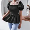 Frauen Blusen Frauen Geraffte Elastische Bluse Tops Herbst Frühling Kurze Laterne Hülse Feste Rüschen Gefaltete Shirts BJS-8301