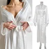 Women's Sleepwear Lady Ultra Long Robe With Feather Nightgown Sexy Loungewear Bride Kimono Bathrobe Gown V-Neck Satin Nightwear Intimate