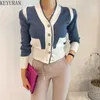 Women's Knits Tees Color-blocking Button Long Sleeve Knitted Sweaters Women's Cropped Cardigan Korean Autumn V-neck Single-breasted Sweater Jacket T221012