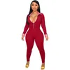 Women Clothes New Jumpsuits Elegant Rompers Long Sleeve Bodysuit V-neck Zipper Jumpsuit Onesies Bodycon Plaid Stitching Capris Pants