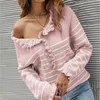 여자 스웨터 패션 패션 여성 레이디스 캐주얼 둥근 목 길이 슬리브 스트라이프 인쇄 버튼 주름 니트 스웨터 풀오버 탑 풀