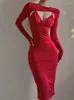 Casual Dresses Korean Women Robe Elegant OL Red Low Chest V Neck Sexy Hollow Hish Waist Slim Fashion Maxi Long Dress Y260