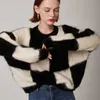 Женские трикотажные футболки Женские цветные блоки Argyle Mohair Негабаритный пуловер с длинными рукавами Свитер Осень-зима Модный толстый теплый вязаный винтажный свитер T221012