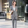 Damen Zweiteilige Hosen Sommer Mode Damen Hosenanzüge für Frauen Business Plaid Blazer und Jacke Sets Arbeitskleidung Kurzarm