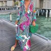 L￤ssige Kleider Women Boho drucken loser Strand elegant Retro Harajuku V-Ausschnitt Maxi Kleid sexy Langarm ￼bergro￟