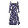 Casual Dresses Women Floral Print Dress European Style Square Collar Long Sleeve Split High Waist Sexy Slim Mid-Length Frock