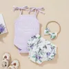 Ensembles de vêtements bébé filles 3 pièces tenues d'été sans manches sangle à nouer côtes tricot barboteuse Bloomer Shorts bandeau ensemble