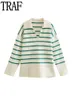 حياكة النساء Tees Traf Green Striped Sweater Woman فضفاضة سترة متشابكة النساء طويل الأكمام عتيقة سترات أزياء الشارع الخريف للنساء T221012