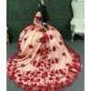 Burgundowe kwiaty 3D Aplikacje koronkowe sukienki quinceanera suknia z ramienie