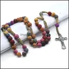 Collane con ciondolo Rosa Perlina Croce colorata Collana con rosario Cristo Gesù Religioso Fatto a mano Gioielli di preghiera cristiana 581 Z2 Drop Deliv Dh2Lp