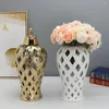 Decorative Figurines Ceramic Openwork General Jar Golden Ginger Storage With Lid Flower Vase Home Decoration Furniture Crafts Accessories