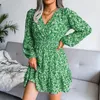 Sukienki swobodne kwiatowy czerwony sukienka Kobiety moda v szyja długi rękaw boho plażowy marszczenie damskie eleganckie imprezę plus mini rozmiar mini