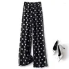 Pantalon femme à pois noir blanc impression femmes 2022 printemps mode coréenne taille haute décontracté jambe large tuyau latéral pour les femmes