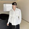 Men's Casual Shirts Shirt Men Belt Decoration Long Sleeve Loose Korean Streetwear Vintage Chic Male Stage Fashion Show Blouse