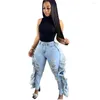 Jeans pour femmes à la mode volants femmes été trous sexy déchiré taille haute crayon extensible clubwear pantalon denim décontracté