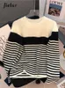 Women's Knits Tees Jielur col rond femme pull ample pulls cachemire Vintage manches longues rayé tricot pull femme ample fond haut Chic T221012