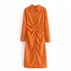 Casual jurken dames shirt knop midi jurk solide bodycon lange mouw gewaden dames oranje feestvestidos sexy slanke elegant