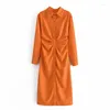 Casual Dresses Women's Shirt -knapp Midi Dress Solid BodyCon Long Sleeve Robes Ladies Orange Party Vestidos Sexig Slim Elegant