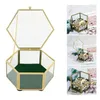 Jewelry Pouches Vintage Golden Glass Lidded Box Decorative Keepsake Display Organizer Clear Hexagonal Rings Bracelet