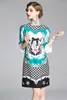 Casual Dresses Spring Summer Fall Vintage Print Collar 3/4 Sleeve Women Ladies Party A-Line Loose Mini Cheongsam Dress