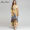 Casual Dresses MoaaYina Fashion Designer Summer Long Dress Women's Lantern Sleeve Single-breasted Sashes Print Vintage Holiday Party