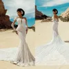 Mermaid Illusion Lace Wedding Dresses Full Sleeve Bridal Gown Outdoor Beach Marriage Long Train Arabic Aso Ebi