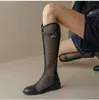 Vmouth Sommer-Mesh-hohe Stiefel für Damen, atmungsaktives Mesh-Netz, Ritterstiefel, dicker Boden, hohl, aber knielang, coole Stiefel