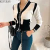 Women's Knits Tees Color-blocking Button Long Sleeve Knitted Sweaters Women's Cropped Cardigan Korean Autumn V-neck Single-breasted Sweater Jacket T221012