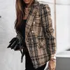 Kvinnorjackor Slim Blazer Coat 4 färger Dubbelbröst rutig form Långärmad kvinnor Office Spring Autumn Suit Tweed Jacket