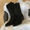 2022 여성용 뉴 웨스턴 카우보이 부츠 지적 발가락 여성 신발 엠보싱 스웨이드 신발 midcalf chunkys heel womens boots