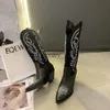 Dames laarzen modetrend reli￫f microvezel leer puntige teen western cowboy laarzen dames knie high boot cowgirl laarsjes met doos