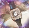 Top Model Fashion Lady Relógios de Quartzo 36mm Casual Quadrado Diamantes Anel Esqueleto Mulheres Relógio de Pulso Rosa Ouro Genuíno Couro Cinto Relógio Presentes Montre De Luxe