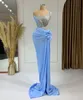 2023 Arapça Deniz Kızı Prom Elbiseler Açık Gökyüzü Mavi Boncuklu Puarlı Boyun Boyun Aydınlık Parti İkinci Resepsiyon Elbiseleri