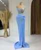 2023 Robes de bal sirène arabe Sky Light Blue Bouded Semed Sheer Now Evenant Formal Party Deuxième Robes de réception