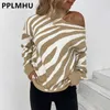 Damesgebreide T-shirts Dames sexy off-shoulder zebra coltrui herfst winter streetwear luipaardprint gebreide tops casual losse trui nieuw T221012