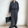 Men's Casual Shirts Men 2 Pieces Sets Stripe Loose Double Breasted Long Sleeve Elastic Waist Pants Man Korean Streetwear Fashion Suits