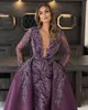 Fancy Purple Prom Dresses Sheer Neck Jewel Lace Appliques Party Dresses with Overskirts Custom Made Evening Dress