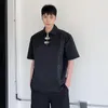 Men's Casual Shirts Japanese Dark Black Functional Style Metal Buckle Pullover Shirt Men Loose Streetwear Fashion Short Sleeve Blouses