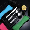 Dinnerware Sets 3pcs/set Dog Portable Printed Stainless Steel Spoon Fork Steak Knife Set Travel Cutlery Tableware With Bag For