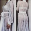 Women's Sleepwear Lace Robe Women See Through Long Nightwear Female Black White Gown Bathrobe Nightdress Underwear Dress