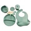 Dinnerware Sets 8Pcs Silicone Baby Feeding Tableware Bib Set Leakproof BPA Free Grade Sucker Bowl Plate Cup Bibs Spoon Fork