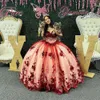 Vestido De quinceañera De encaje con apliques De flores 3D burdeos, vestido De baile con hombros descubiertos, desfile De talla grande, dulce 15 Vestidos De XV Anos284e