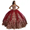 Вино/золотое платье Quinceanera 2023 Блеск блестящей с плечом к югу Quince Ball Gown Corset Sweet 16 день рождения выпускной вечер vestidos de 15 Anos Special Lace Charro Mexican