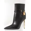 high heel new Boot pattern Gold lock key decoration side zip shoes pointed Toe stiletto heel booties Black calf leather Fashion Boot Women luxury designers