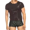 Underskjortor m￤n faux l￤der fast f￤rg elastisk topp bar scen prestanda smal pl￤d t-shirt brottning singlet sexig kl￤ddanskl￤der