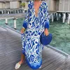 Sıradan Elbiseler Kadın Boho Baskı Gevşek Plaj Zarif Retro Harajuku V-Neck Maxi Elbise Seksi Uzun Kollu Büyük Boy